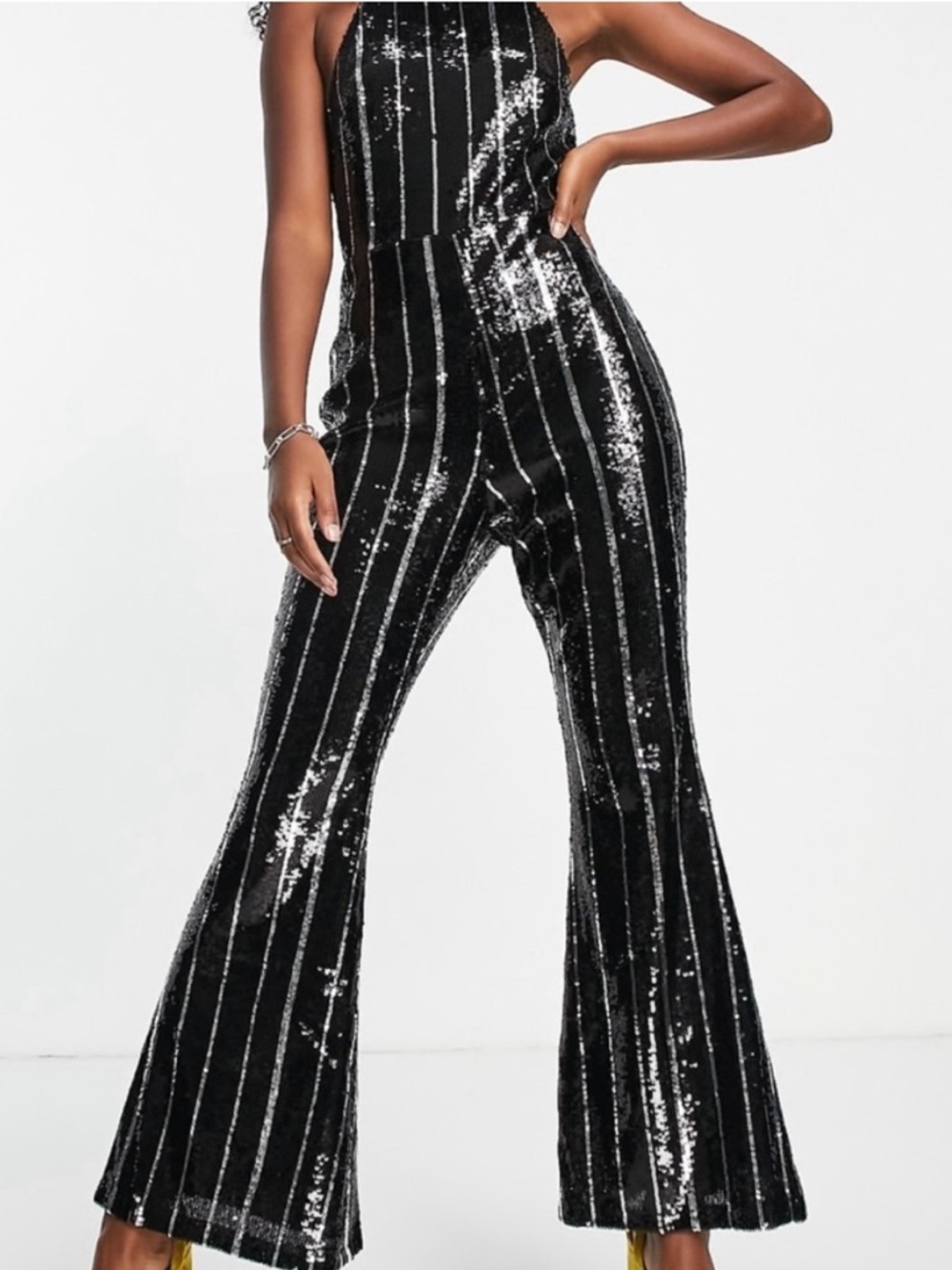 Topshop Black Sequin Striped Wide Leg Jumpsuit